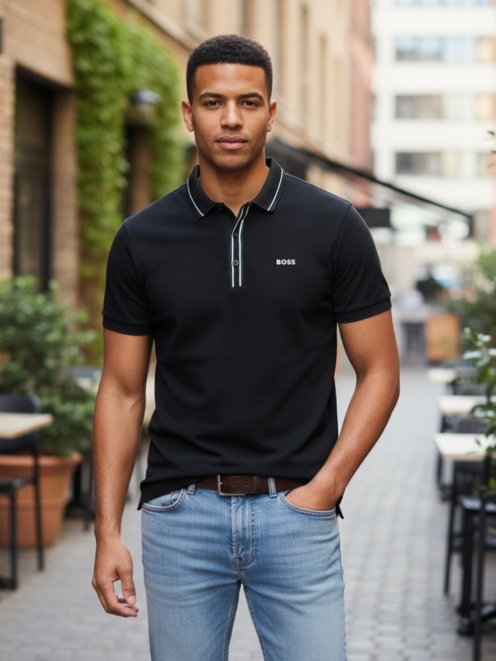 • Boss • Men's Black Polo with Contrast White Stripe Medium